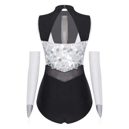 Sparkly Sequin Mock Neck Dance Leotard & Gloves Two-Piece Bodysuit Set
