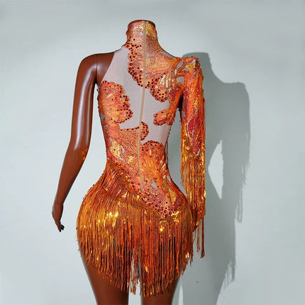 Leopard Sequin Fringe Asymmetrical Bodysuit One-Sleeve Stage Performance Costume