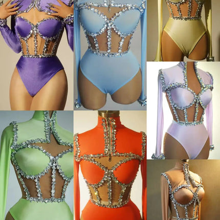 The Stardust Nebula Leotard – Long-Sleeve Rhinestone Stage Bodysuit