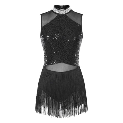 Women Sequins Diamond Latin Jazz Dance Costume Sleeveless Cutout Back Flowy Tassel Dress Leotard Tango Cha-Cha Samba Dancewear