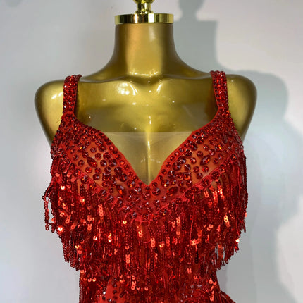 Sparkly Rhinestone Tassel Backless Mesh Bodysuit Luxury Stage Performance Costume