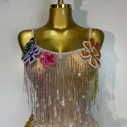 Colorful Rhinestone Pearl Sheer Dress & Two-Piece Mini Skirt Set Celebration Outfit