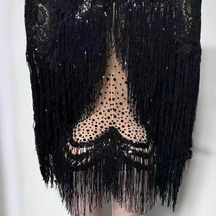 Sparkly Black Rhinestone Fringe Dress & Shawl 2-Piece Set Stage Performance Costume