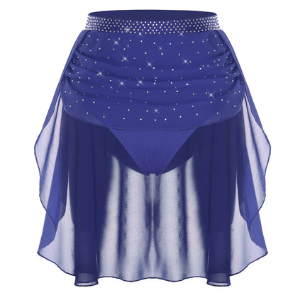 Womens Modern Lyrical Dance Skirt Performance Costume Sparkly Rhinestone Irregular Chiffon Hem Built-in Briefs Skirt Dancewear