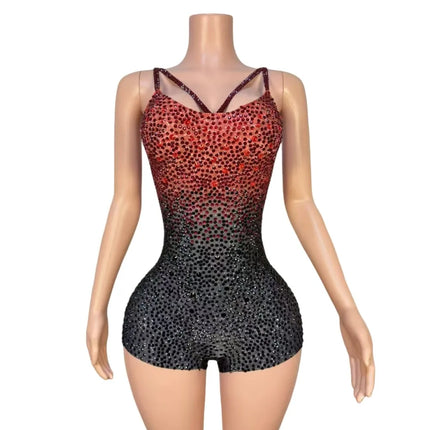 Red Black Rhinestones Sleeveless Bodysuit Women Singer Dancer Concert Performance Dance Costume Nightclub Party Show Stage Wear