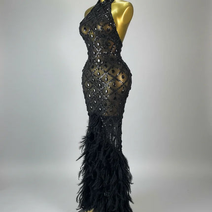 Luxury Rhinestone Crystal Turtleneck Gala Gown & Feather Hem Evening Maxi Dress
