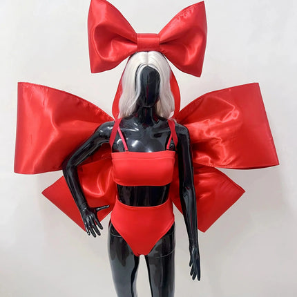 Nightclub Party Carnival Rave Outfit Bar Gogo Dancer Clothes Red Bow Tops Shorts Festival Wear Sexy Drag Queen Costume