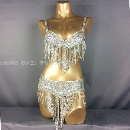 The Stardust Cabaret 2-Piece Ensemble – Luxury Sequin Fringe Bra & Belt Set