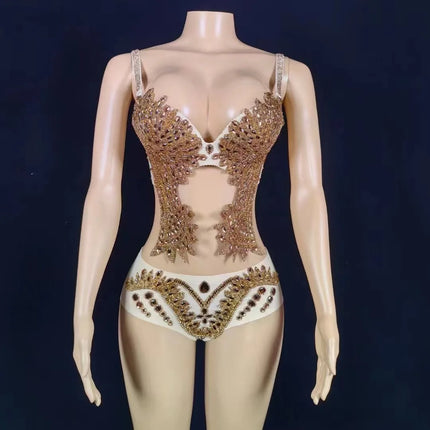 Sparkly Gold Rhinestone Two-Piece Bikini Bra & Shorts Set Stage Performance Costume