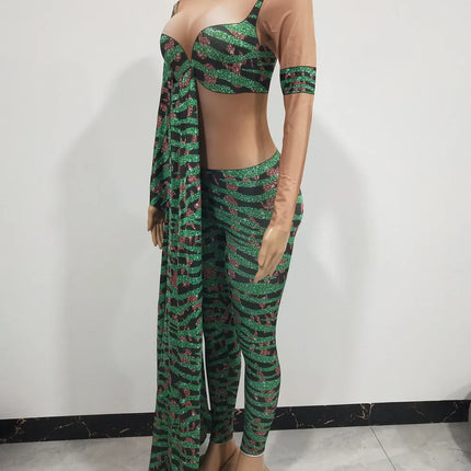 Irregular Single Sleeve Leopard Jumpsuit Green Tight Women Singer Stage Wear Nightclub Party Stage Performance Costume