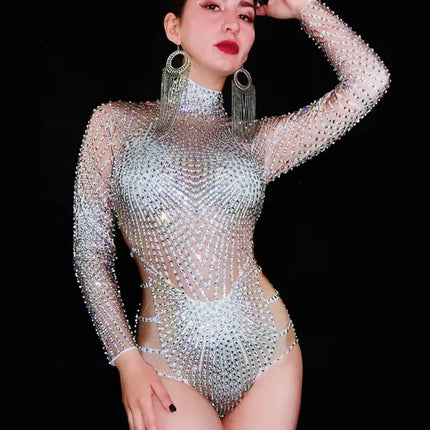 Rhinestone Mirror Bodysuit & Matching Crown Headdress Celebrity Party Stage Costume