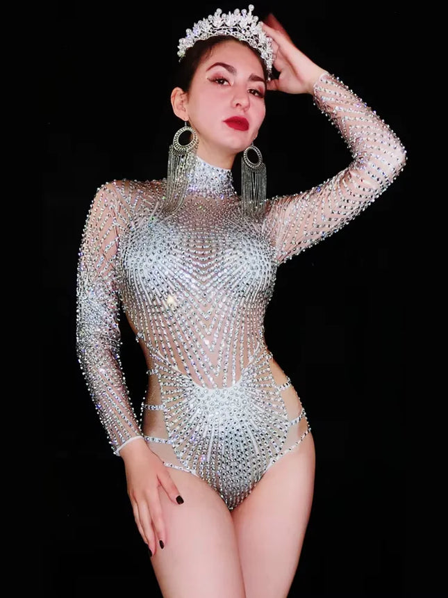 Rhinestone Mirror Bodysuit & Matching Crown Headdress Celebrity Party Stage Costume