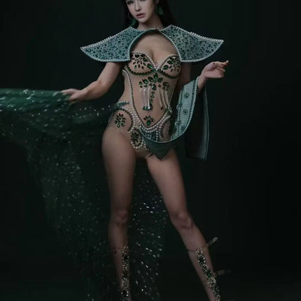 Emerald Green Rhinestone Mesh Bodysuit & Sculpted Peacock Cloak Stage Costume Set