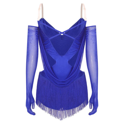 Sparkly Rhinestone & Tassel Fringe Dance Leotard with Gloves Two-Piece Stage Costume