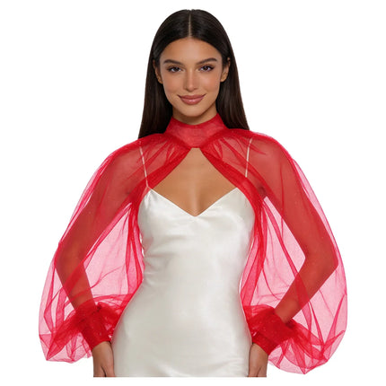 Shimmering Mesh Lantern Sleeve Bolero Shrug & See-Through Mock Neck Top