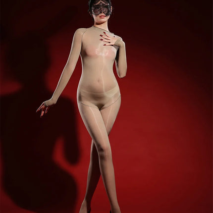 Oil Glossy High-Stretch Sheer Full-Length Bodysuit Thong Catsuit Jumpsuit