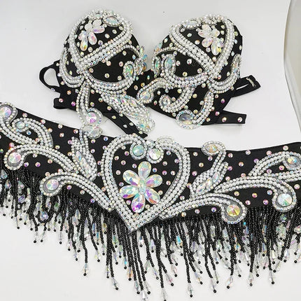Dazzling Beaded Crystal Belly Dance Bra & Belt 2-Piece Costume Set