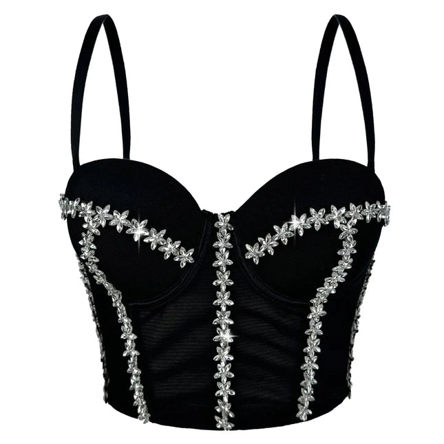 Crystal Embroidered Bustier Corset Crop Top Evening Party Stage Bralette
