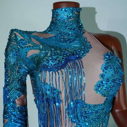 Leopard Sequin Fringe Asymmetrical Bodysuit One-Sleeve Stage Performance Costume