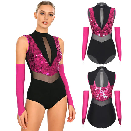 Sparkly Sequin Mock Neck Dance Leotard & Gloves Two-Piece Bodysuit Set