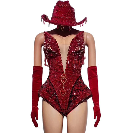 The Stardust Scarlet Siren – Sparkling Rhinestone Deep V Bodysuit, Gloves & Hat Set