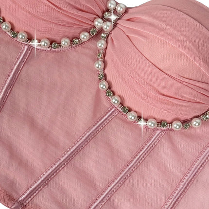 Pearl & Rhinestone Embroidered Bustier Corset Crop Top High Street Bralette