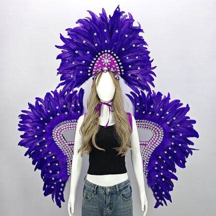 Carnival Elegant Ladies Feather Headdress Wings Two-Piece Role Play Catwalk Halloween Masquerade Carnival Party Suit