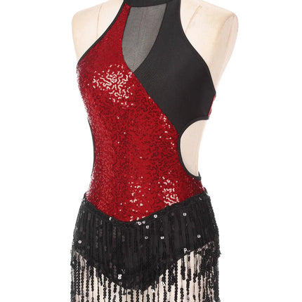 Sequined Fringe Latin Dance & Figure Skating Jumpsuit Leotard Set with Mesh Gloves