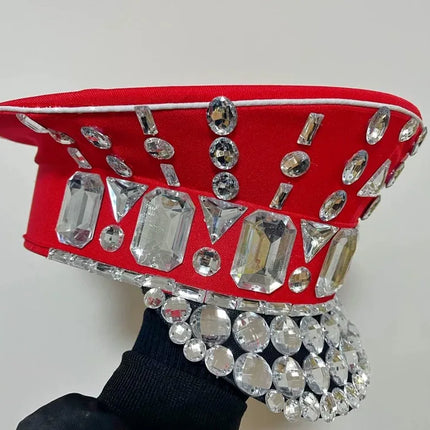 Rhinestone Studded Military Captain Hat & Stage Performance Security Cap