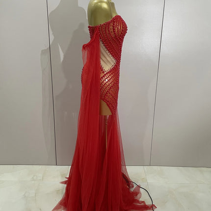 Luxury Birthday Evening Party Dress Elegant Sparkly Rhinestone Pearl Sexy Strapless Mesh Long Dress Prom Wedding Guest Gowns