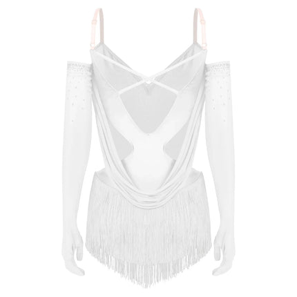 Sparkly Rhinestone & Tassel Fringe Dance Leotard with Gloves Two-Piece Stage Costume