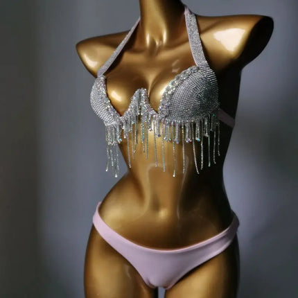 High-Fashion Crystal Mesh Bikini Set – Dazzling Rhinestone Bling Swimsuit & Showgirl Swimwear for Stage Performances & Raves