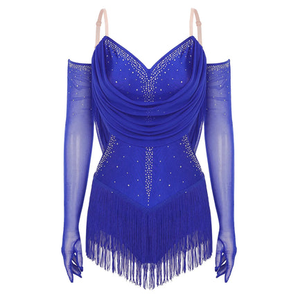 Sparkly Rhinestone & Tassel Fringe Dance Leotard with Gloves Two-Piece Stage Costume