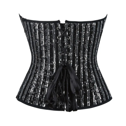 Sequined Striped Overbust Corset Top Lace-Up Plastic Boned Burlesque Bustier