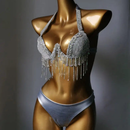 High-Fashion Crystal Mesh Bikini Set – Dazzling Rhinestone Bling Swimsuit & Showgirl Swimwear for Stage Performances & Raves