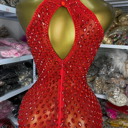 Crimson Red Rhinestone Sweetheart Slit Gown Floor-Length Trailing Evening Dress