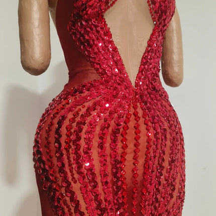 Sparkly Red Rhinestone & Sequin Sleeveless Sheer Mini/Long Dress Stage Costume