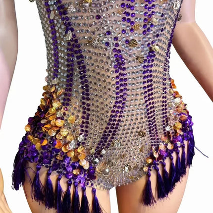 Sparkly Rhinestone & Tassel Fringe Bodysuit Stage Performance Costume