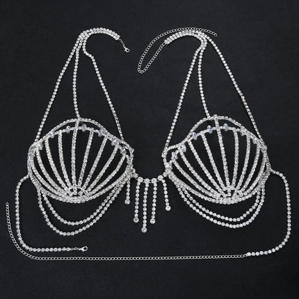 Luxury Crystal Swirl Micro Bikini Body Chain – Shimmering Rhinestone Tassel Bra & Exotic Chest Harness for Festivals, Raves & Clubwear