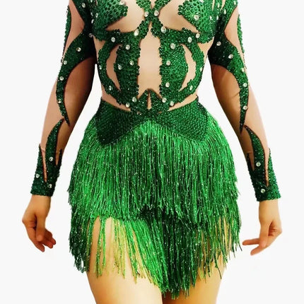 Sparkly Green Crystal & Tassel Fringe Bodysuit Stage Performance Costume