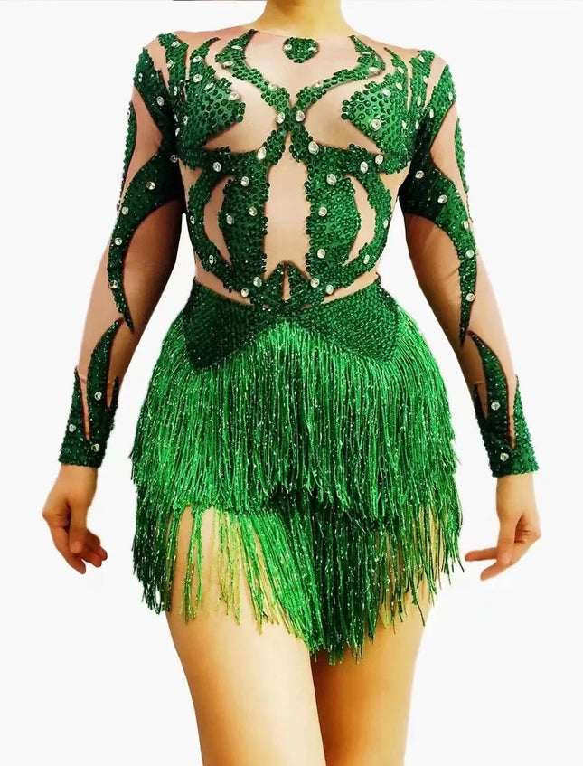 Sparkly Green Crystal & Tassel Fringe Bodysuit Stage Performance Costume