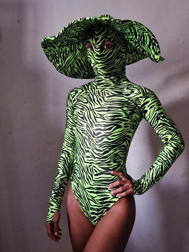 Zebra Stripe Cutout Bodysuit & Statement Big Hat 2-Piece Stage Dance Costume Set