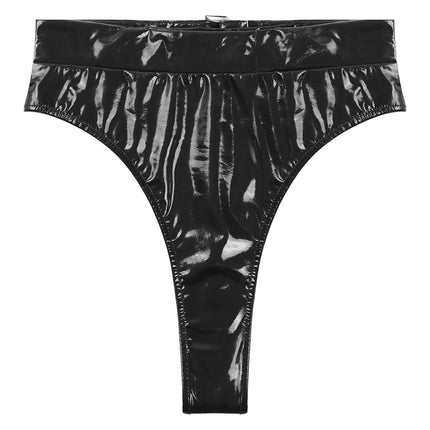 High-Waist Patent Leather Wet-Look Briefs with Adjustable Back Buckle Belt