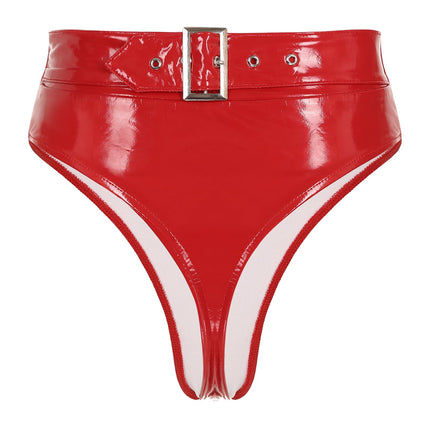 High-Waist Patent Leather Wet-Look Briefs with Adjustable Back Buckle Belt