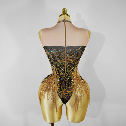 Gold Rhinestone & Tassel Sleeveless Bodysuit Salsa Latin Dance Stage Costume