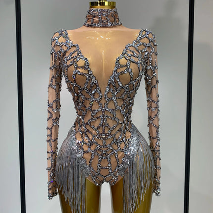 The Stardust Diamond Fringe Bodysuit – Luxury Rhinestone Mesh Stage Costume