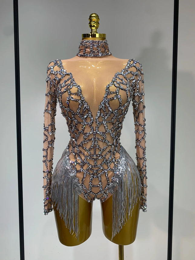 The Stardust Diamond Fringe Bodysuit – Luxury Rhinestone Mesh Stage Costume