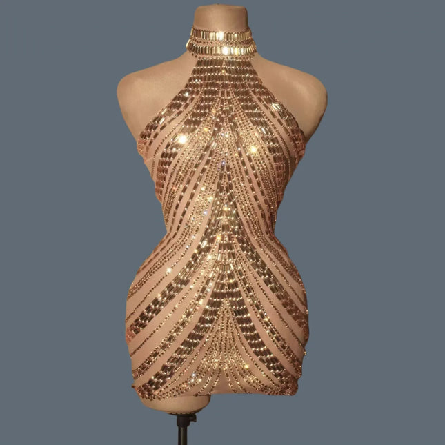 Sparkly Rhinestone High-Neck Sheath Mini Dress Stage Dance Costume