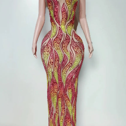 Flaming Fire Print Rhinestone Maxi Dress Sleeveless High-Slit Stage Performance Gown