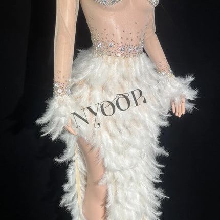 Sparkly White Rhinestone & Feather Sheer Mesh Long Evening Gown Stage Costume